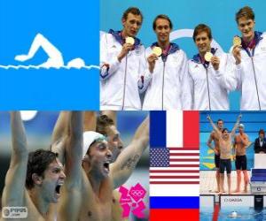 Puzzle Πόντιουμ κολύμβηση 4 X 100 m ελεύθερη αρσενικό, Γαλλία, Ηνωμένες Πολιτείες και τη Ρωσία - London 2012-